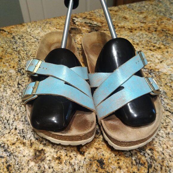 Birkenstock Yao Washed Metallic Aqua Blue Leather Sandals Women's Size 41 US 10 - Picture 10 of 13